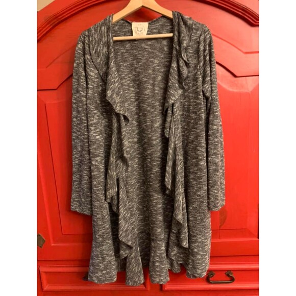 Fantastic Fawn Medium Boutique Cardigan Heather Gray Black Ruffle Trim Light EUC - Picture 1 of 3
